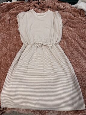 Universal thread Casual Striped Drawstring Waist Dress - Cream & Brown